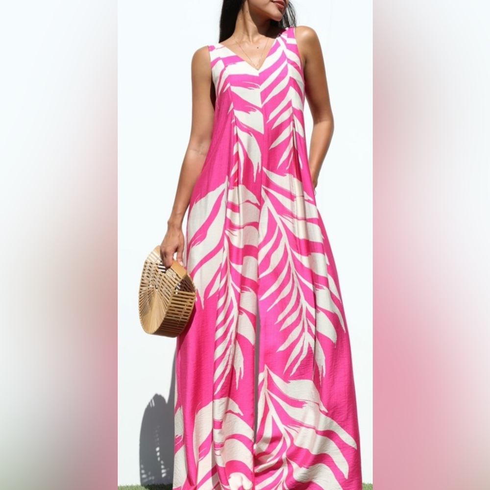 Vibrant Pink and Cream Leaf Print Jumpsuit - Picture 3 of 3